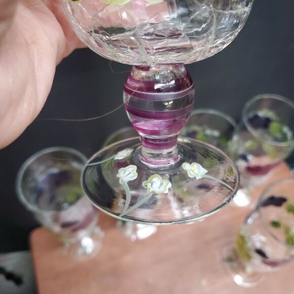 6 Vintage 1990's Crackled Glass Hand Painted Grapes Water or Iced Teas Glasses - Picture 8 of 10